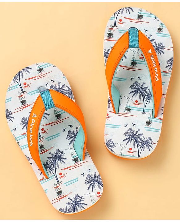 Pine Kids Slip On Flip Flops with Beach Theme Print - White & Blue