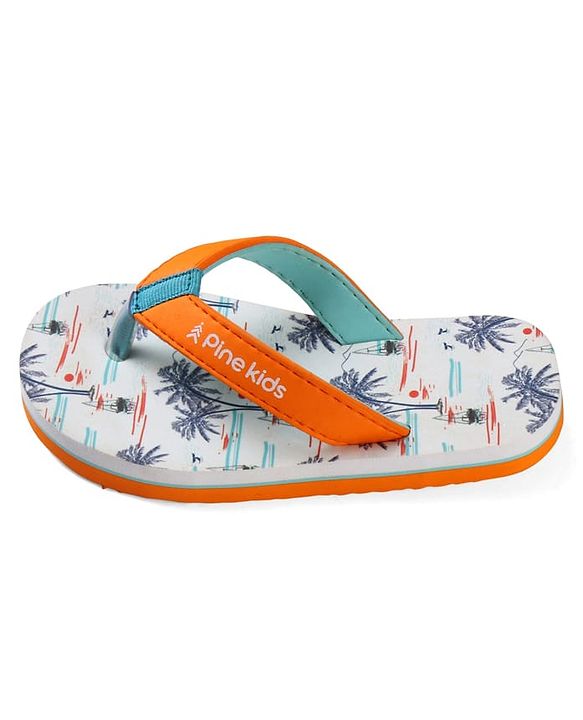 Pine Kids Slip On Flip Flops with Beach Theme Print - White & Blue