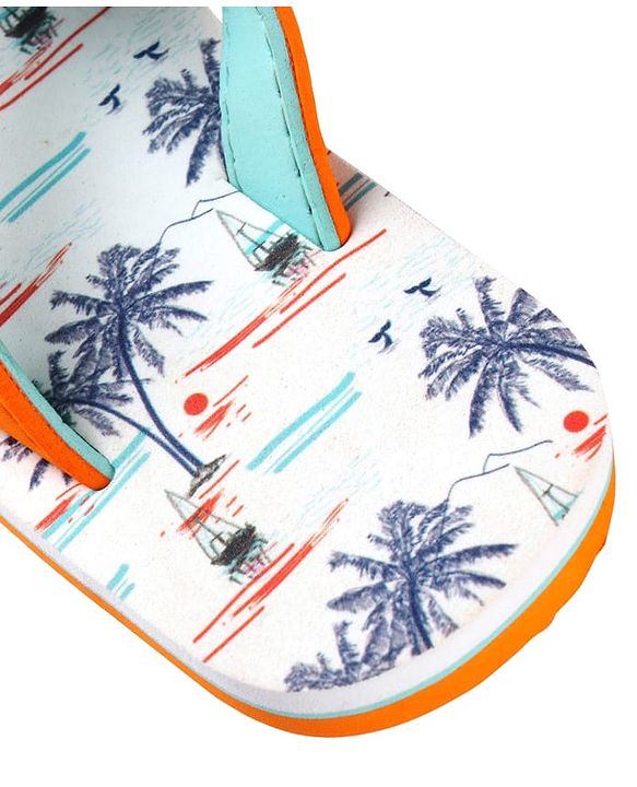 Pine Kids Slip On Flip Flops with Beach Theme Print - White & Blue