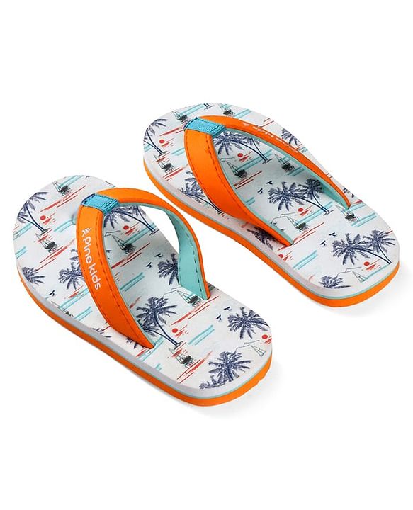 Pine Kids Slip On Flip Flops with Beach Theme Print - White & Blue