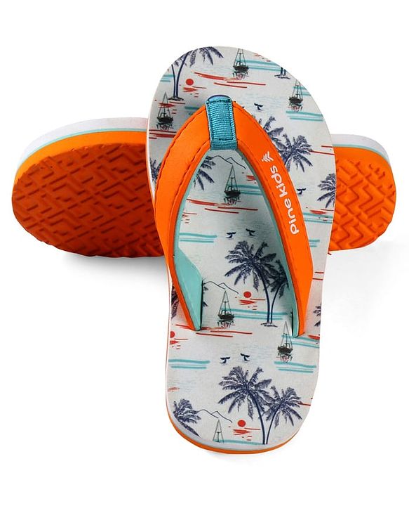 Pine Kids Slip On Flip Flops with Beach Theme Print - White & Blue