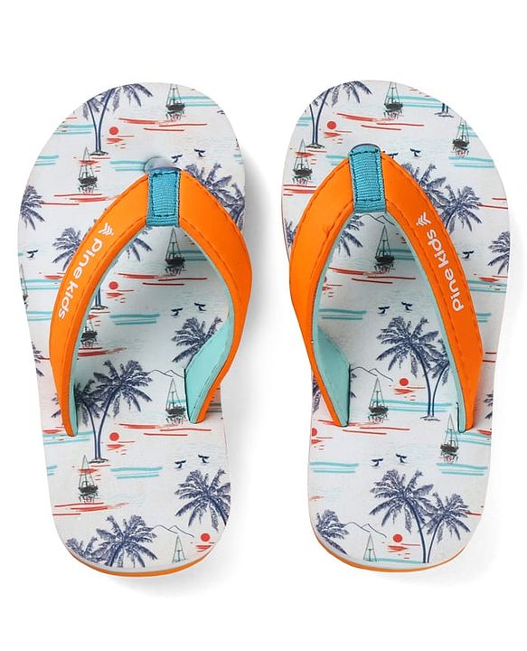 Pine Kids Slip On Flip Flops with Beach Theme Print - White & Blue