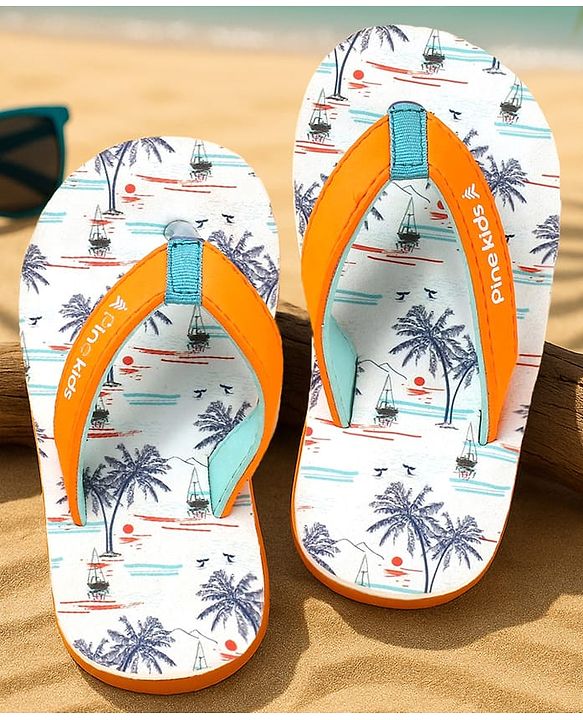 Pine Kids Slip On Flip Flops with Beach Theme Print - White & Blue