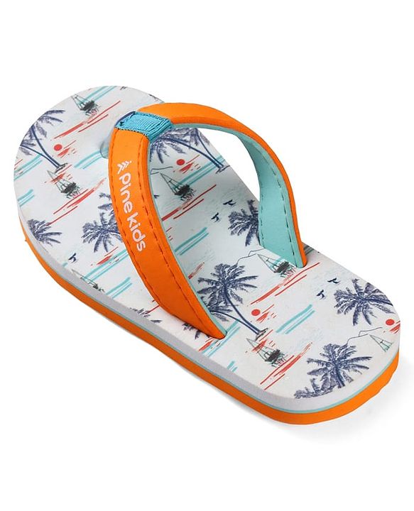 Pine Kids Slip On Flip Flops with Beach Theme Print - White & Blue