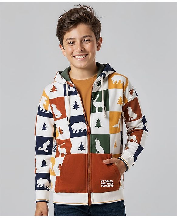 Pine Kids Cotton Knit Full Sleeves Front Open SweatJacket with Animal Print - White Brown & Mustard