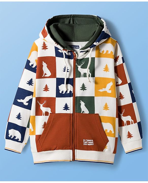 Pine Kids Cotton Knit Full Sleeves Front Open SweatJacket with Animal Print - White Brown & Mustard