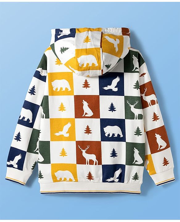 Pine Kids Cotton Knit Full Sleeves Front Open SweatJacket with Animal Print - White Brown & Mustard