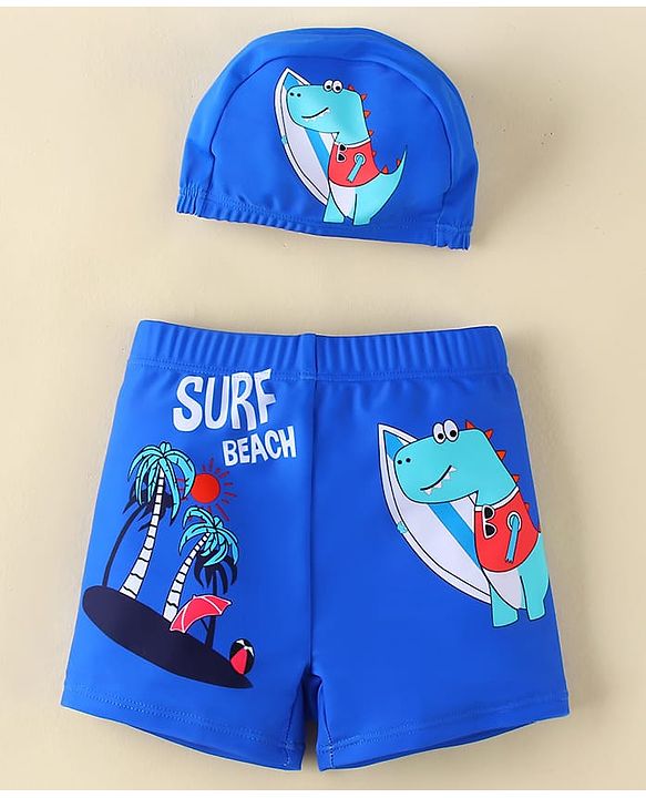 Babyhug Swimming Trunk With Dino Print & Cap - Blue