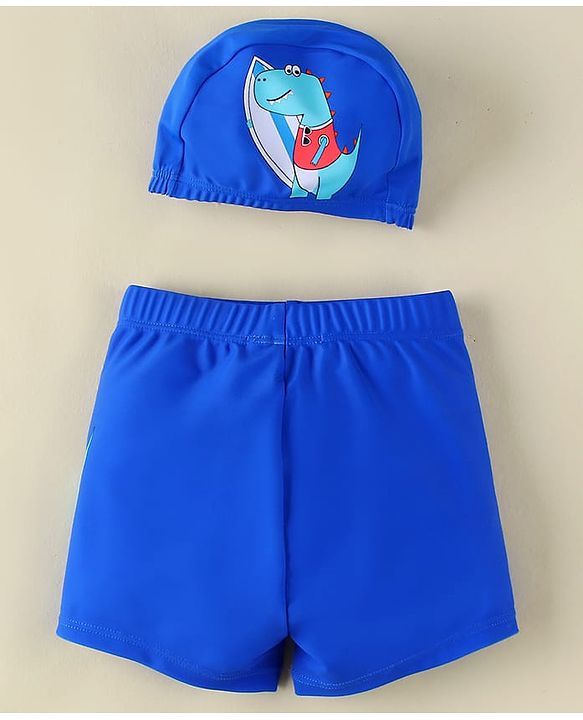 Babyhug Swimming Trunk With Dino Print & Cap - Blue