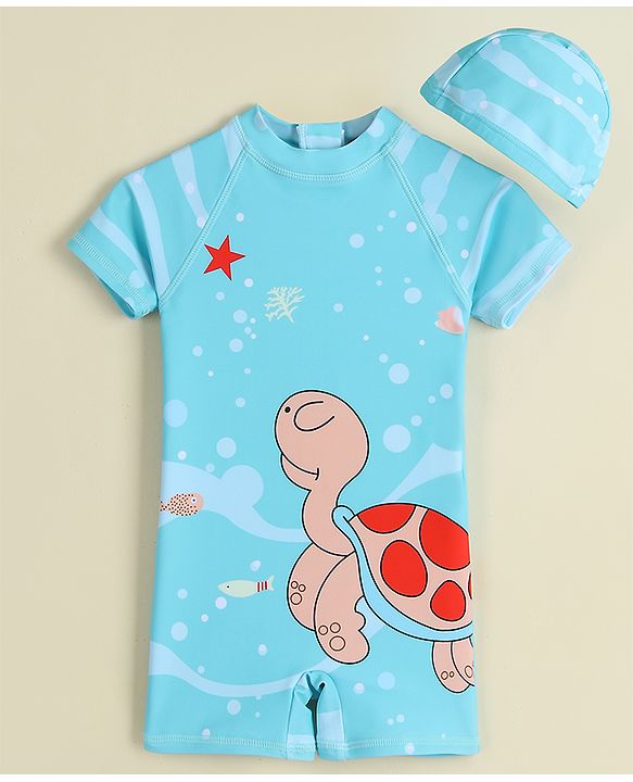 Babyhug Half Raglan Sleeves Legged Swimsuit & Cap - Light Blue