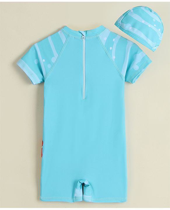 Babyhug Half Raglan Sleeves Legged Swimsuit & Cap - Light Blue