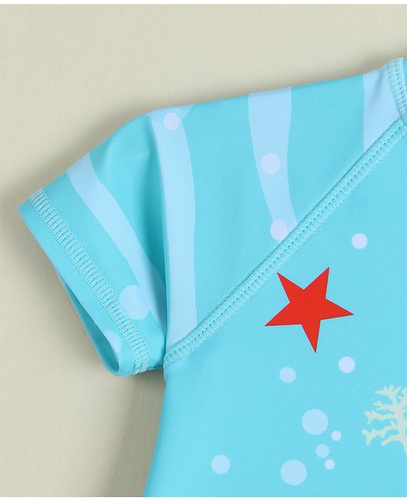 Babyhug Half Raglan Sleeves Legged Swimsuit & Cap - Light Blue