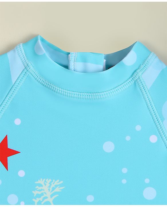 Babyhug Half Raglan Sleeves Legged Swimsuit & Cap - Light Blue