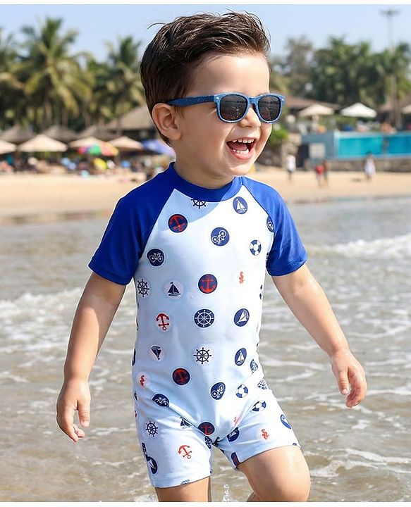 Babyhug Half Raglan Sleeves Legged Swimsuit With Nautical Theme Print - Blue