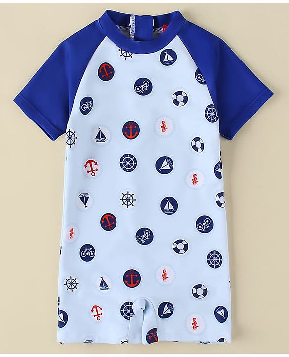 Babyhug Half Raglan Sleeves Legged Swimsuit With Nautical Theme Print - Blue