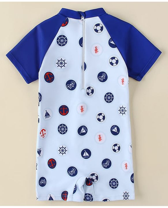 Babyhug Half Raglan Sleeves Legged Swimsuit With Nautical Theme Print - Blue