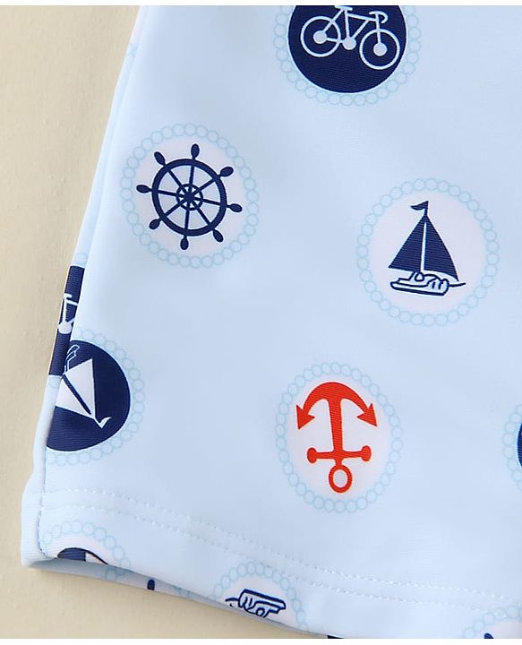 Babyhug Half Raglan Sleeves Legged Swimsuit With Nautical Theme Print - Blue