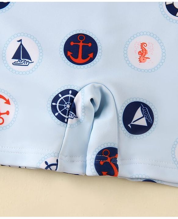 Babyhug Half Raglan Sleeves Legged Swimsuit With Nautical Theme Print - Blue