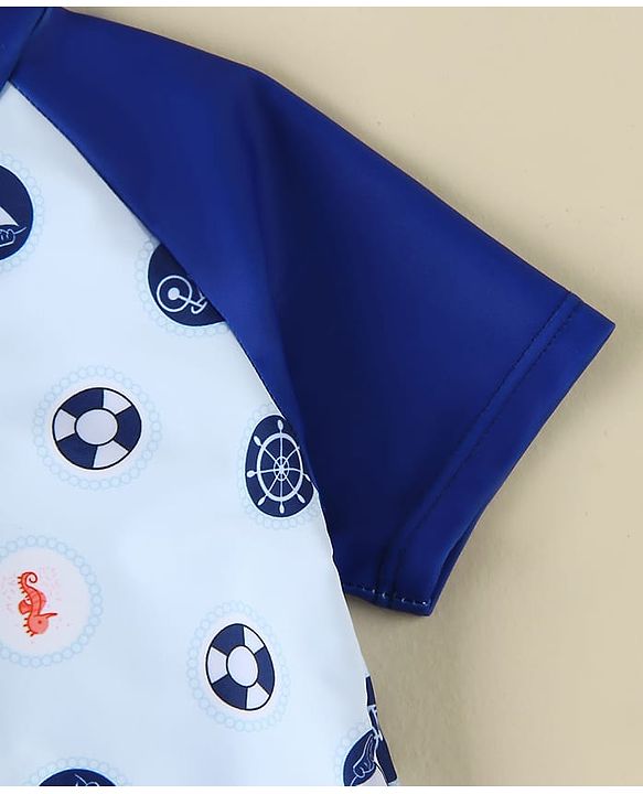 Babyhug Half Raglan Sleeves Legged Swimsuit With Nautical Theme Print - Blue