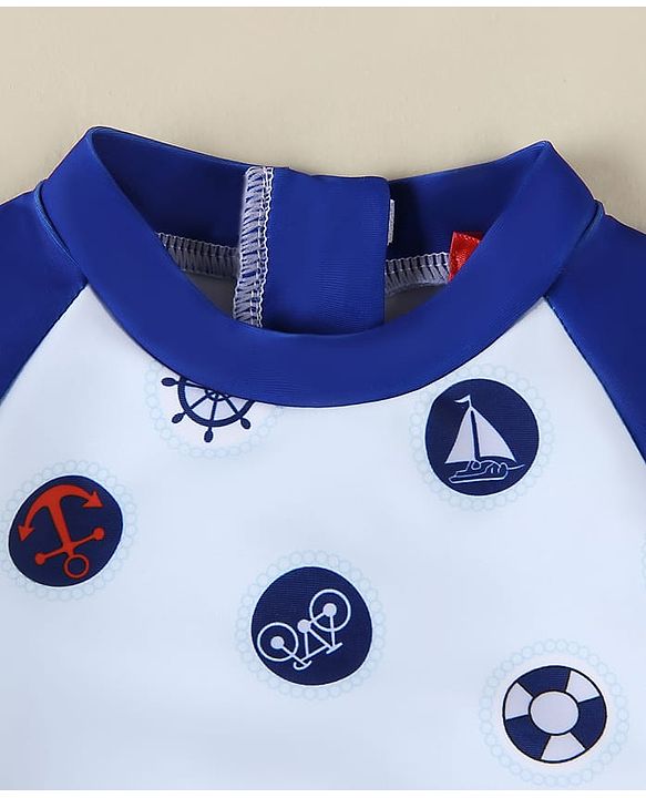 Babyhug Half Raglan Sleeves Legged Swimsuit With Nautical Theme Print - Blue