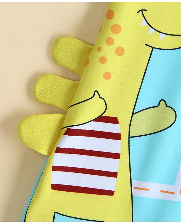 Babyhug Half Sleeves Legged Swimsuit  With Dino Print & Cap - Light Blue