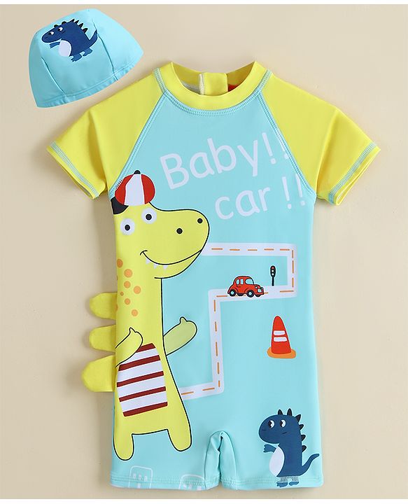 Babyhug Half Sleeves Legged Swimsuit  With Dino Print & Cap - Light Blue