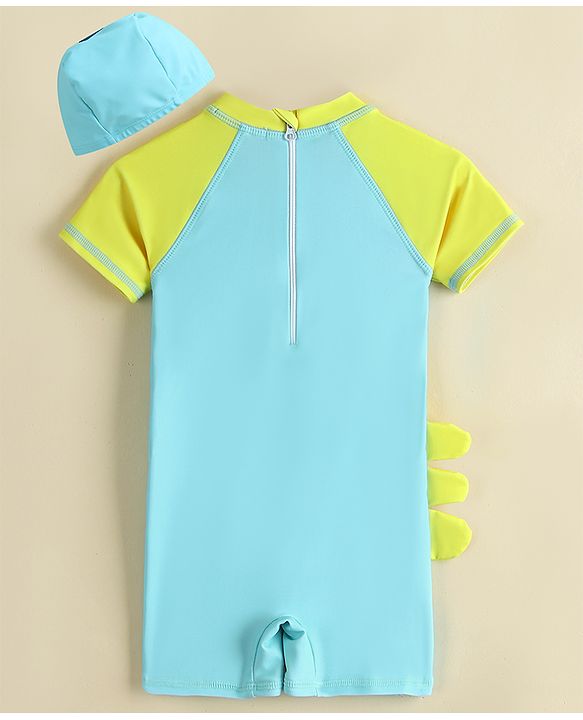 Babyhug Half Sleeves Legged Swimsuit  With Dino Print & Cap - Light Blue