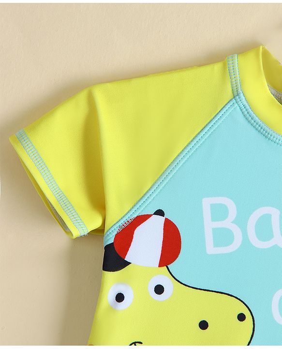 Babyhug Half Sleeves Legged Swimsuit  With Dino Print & Cap - Light Blue