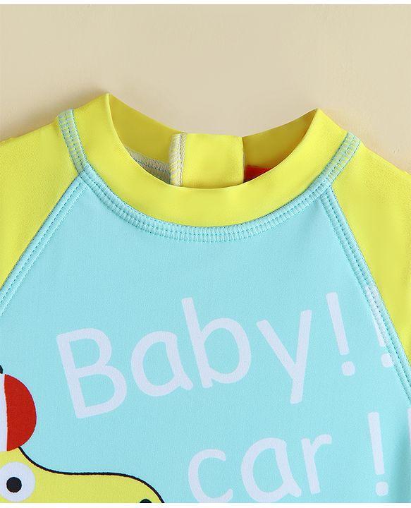 Babyhug Half Sleeves Legged Swimsuit  With Dino Print & Cap - Light Blue