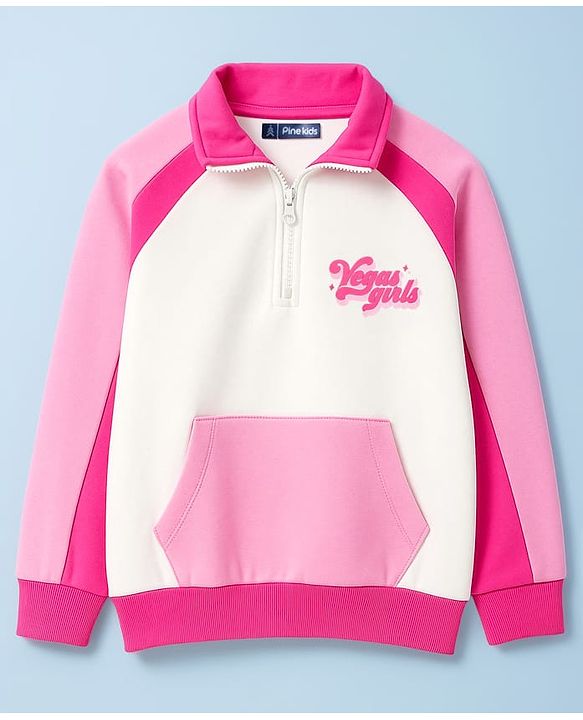Pine Kids Cotton Knit Full Raglan Sleeves Sweatshirt With Text Print & Kangaroo Pockets - Pink & White