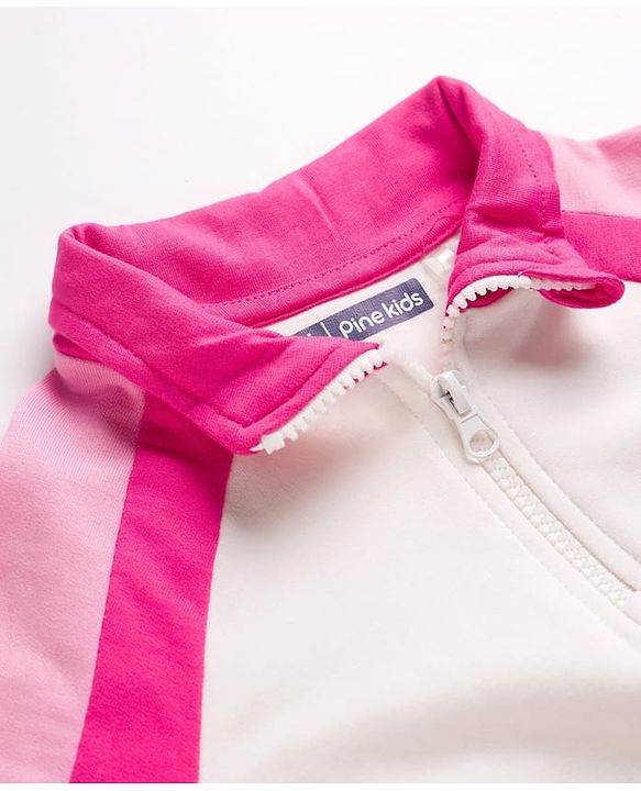 Pine Kids Cotton Knit Full Raglan Sleeves Sweatshirt With Text Print & Kangaroo Pockets - Pink & White
