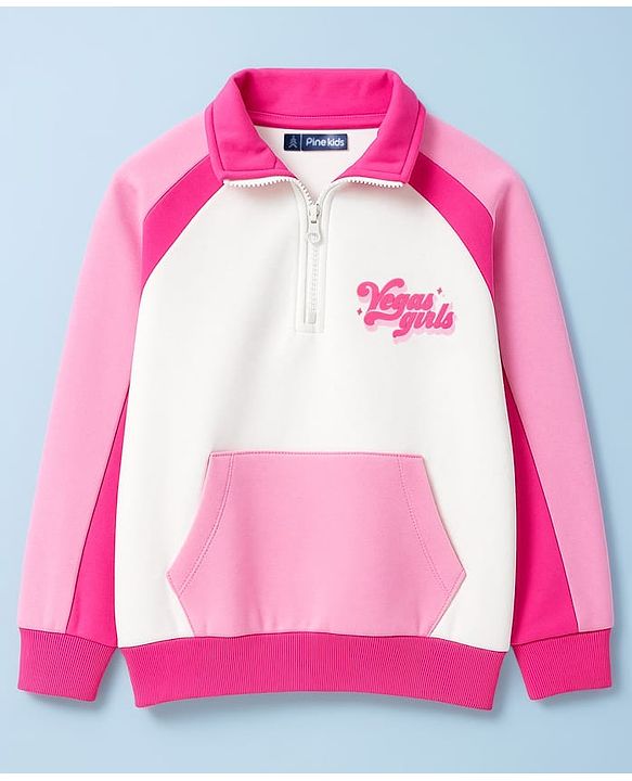 Pine Kids Cotton Knit Full Raglan Sleeves Sweatshirt With Text Print & Kangaroo Pockets - Pink & White