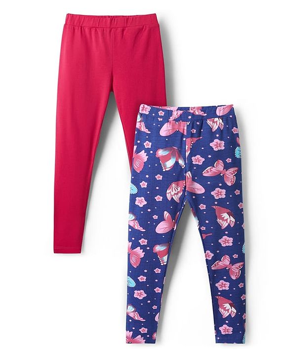 Pine Kids Cotton Lycra Knit Full Length Butterfly Printed Leggings Pack Of 2 - Blue & Dark Pink