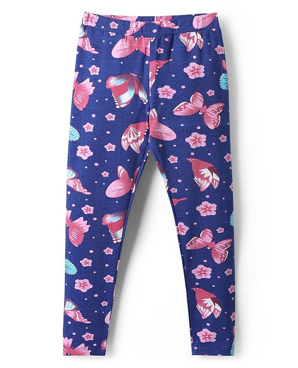 Pine Kids Cotton Lycra Knit Full Length Butterfly Printed Leggings Pack Of 2 - Blue & Dark Pink