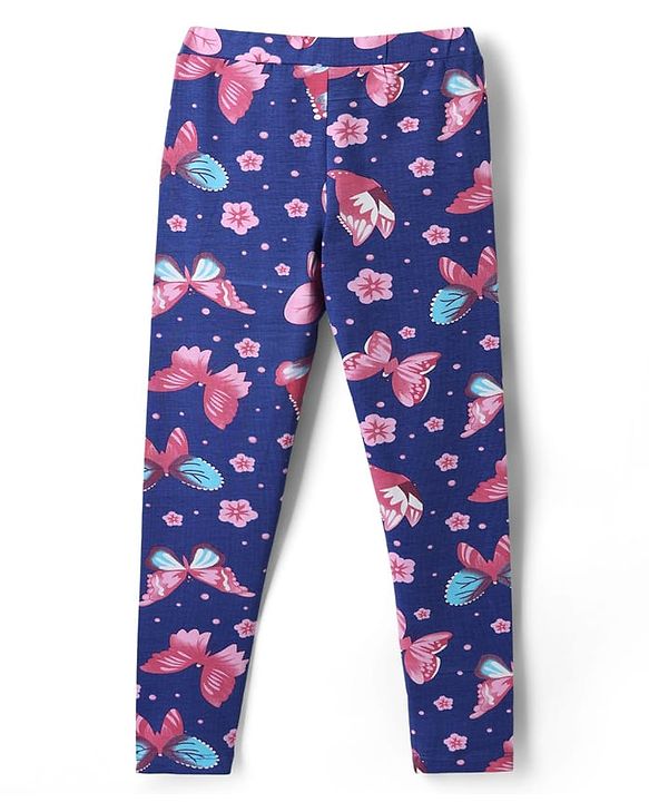 Pine Kids Cotton Lycra Knit Full Length Butterfly Printed Leggings Pack Of 2 - Blue & Dark Pink