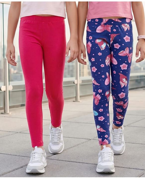 Pine Kids Cotton Lycra Knit Full Length Butterfly Printed Leggings Pack Of 2 - Blue & Dark Pink