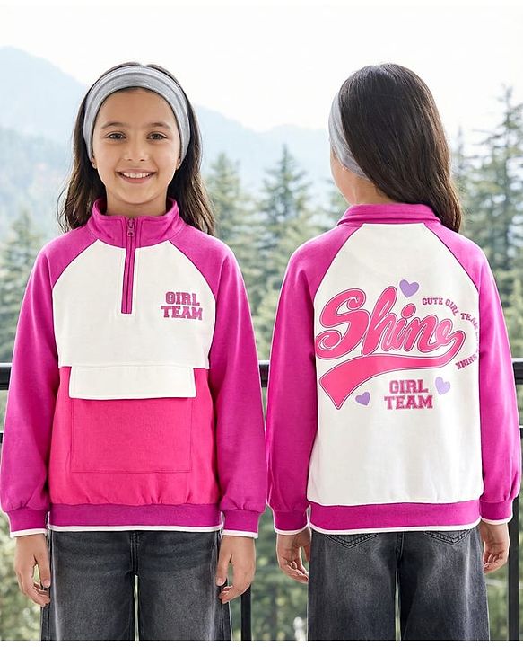 Pine Kids Cotton Knit Full Raglan Sleeves Sweatshirt With Front & Back Text Print - Dark Pink & White