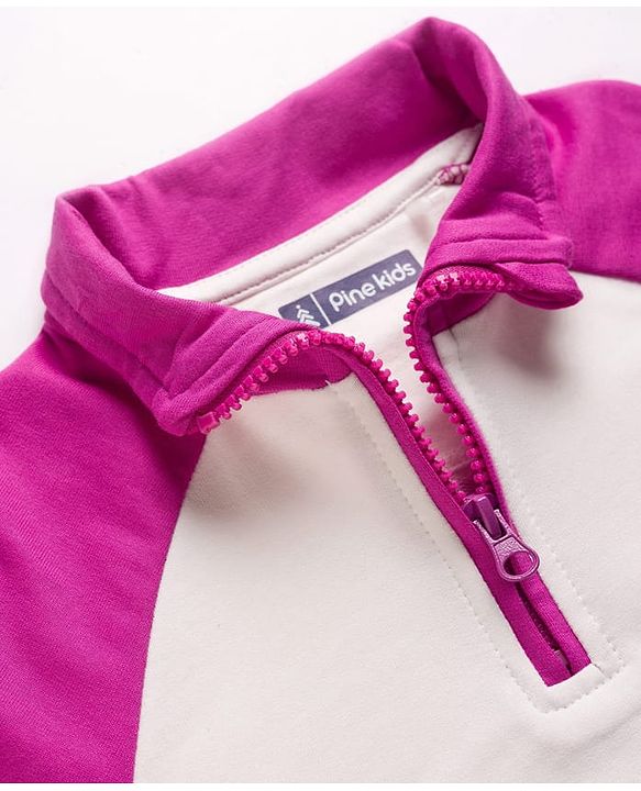 Pine Kids Cotton Knit Full Raglan Sleeves Sweatshirt With Front & Back Text Print - Dark Pink & White