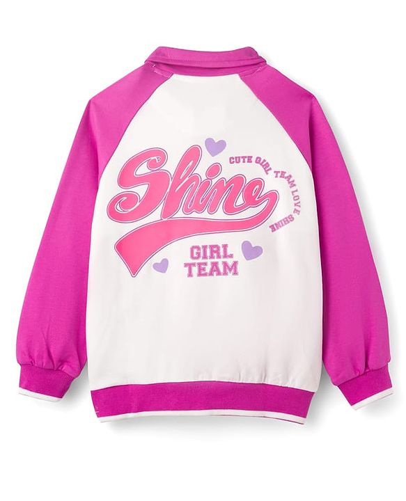 Pine Kids Cotton Knit Full Raglan Sleeves Sweatshirt With Front & Back Text Print - Dark Pink & White