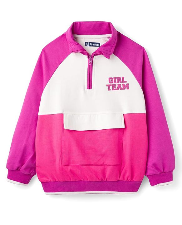 Pine Kids Cotton Knit Full Raglan Sleeves Sweatshirt With Front & Back Text Print - Dark Pink & White