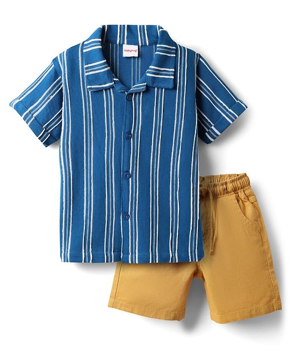 Babyhug Cotton Knit Half Sleeves Striped Shirt & Shorts Set - Blue & Khaki