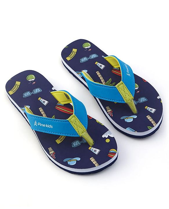 Pine Kids Flip Flops With Tropical Theme Print - Navy Blue