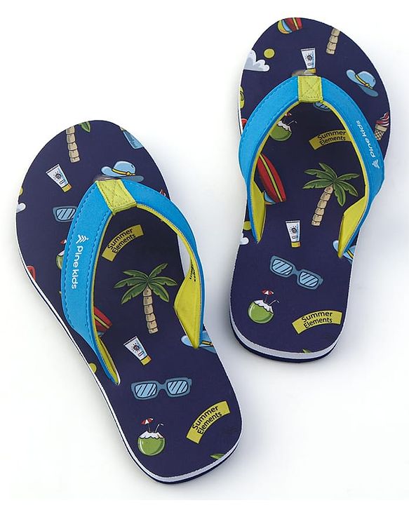 Pine Kids Flip Flops With Tropical Theme Print - Navy Blue