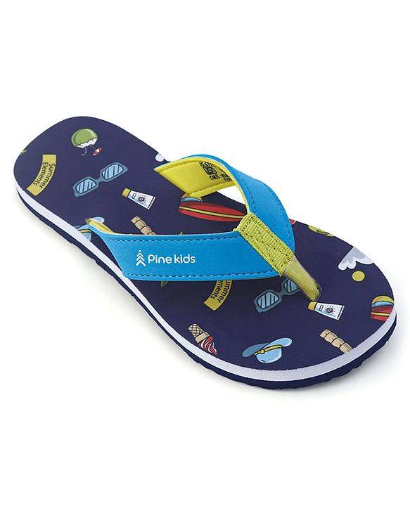 Pine Kids Flip Flops With Tropical Theme Print - Navy Blue