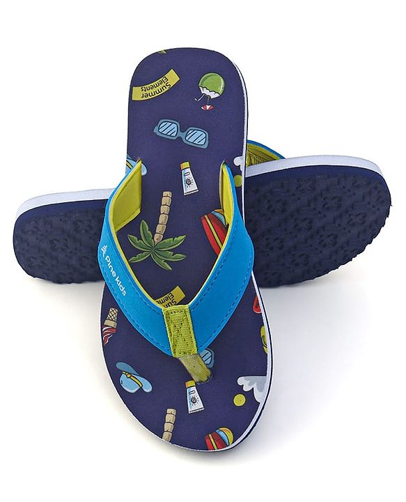 Pine Kids Flip Flops With Tropical Theme Print - Navy Blue