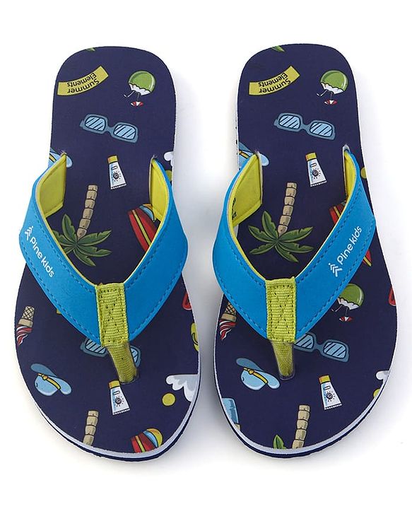 Pine Kids Flip Flops With Tropical Theme Print - Navy Blue