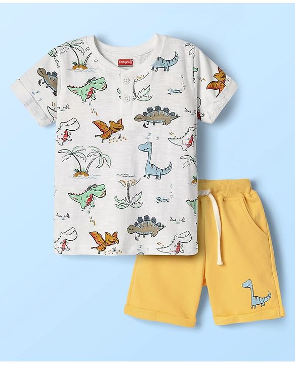 Babyhug Single Jersey Knit Half Sleeves Henley Neck T-Shirt & Shorts Set With Dino Print - White