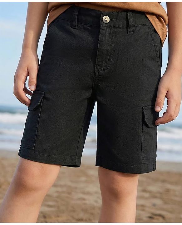 Pine Kids Cotton Elastane Woven Above Knee Length Solid Colour Shorts - Black