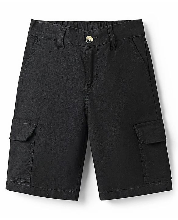 Pine Kids Cotton Elastane Woven Above Knee Length Solid Colour Shorts - Black