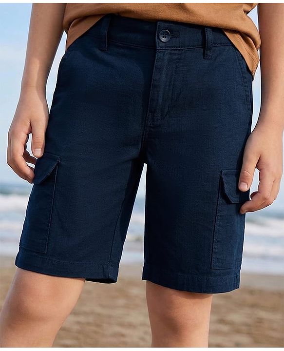 Pine Kids Cotton Elastane Woven Above Knee Length Solid Colour Shorts - Black